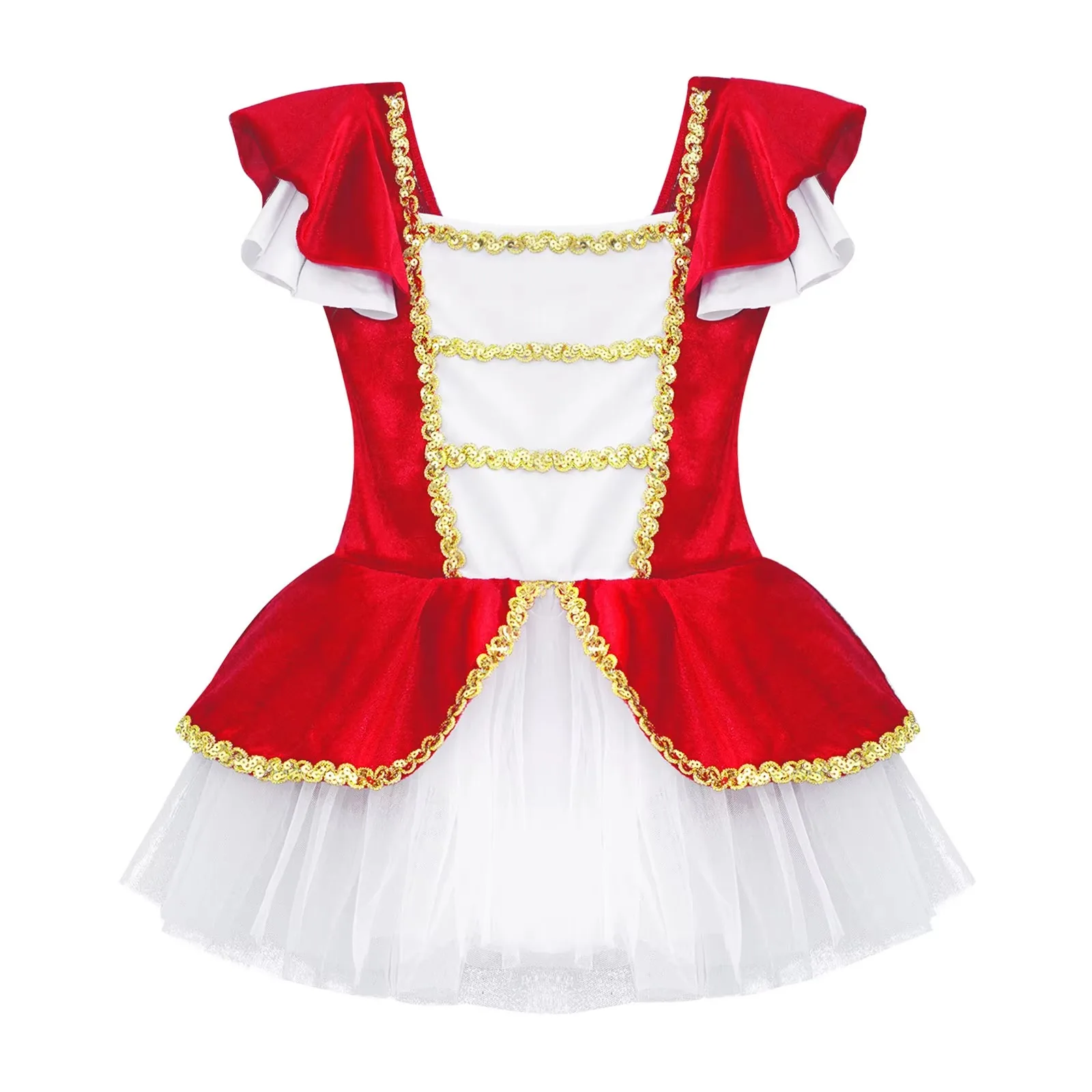 Kids Girls Circus Ringmaster Costume Gymnastics Artistic Skating Dress Short Sleeve Dance Jumpsuit with Sequins Adorned Mesh Hem