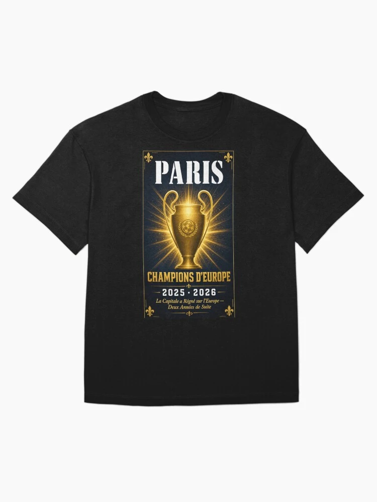 Camiseta de Futebol PSG Campeões da Europa 2025-2026 com Gráfico Silhueta de Troféu Dourado e Efeito Sunburst, de Algodão, Unissex, Verão, Estilo Y2K
