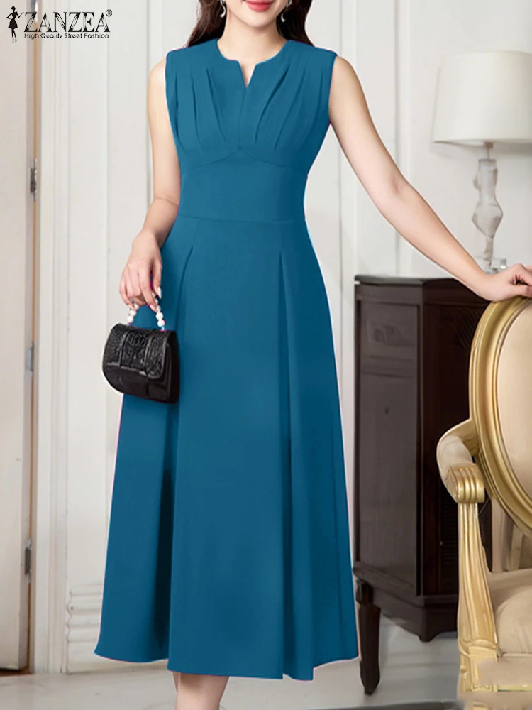 

ZANZEA High Waisted Sleeveless Robe Pleated Women Solid Color Fashion A-line Midi Dresses Commute Office Elegant V-Neck Vestidos