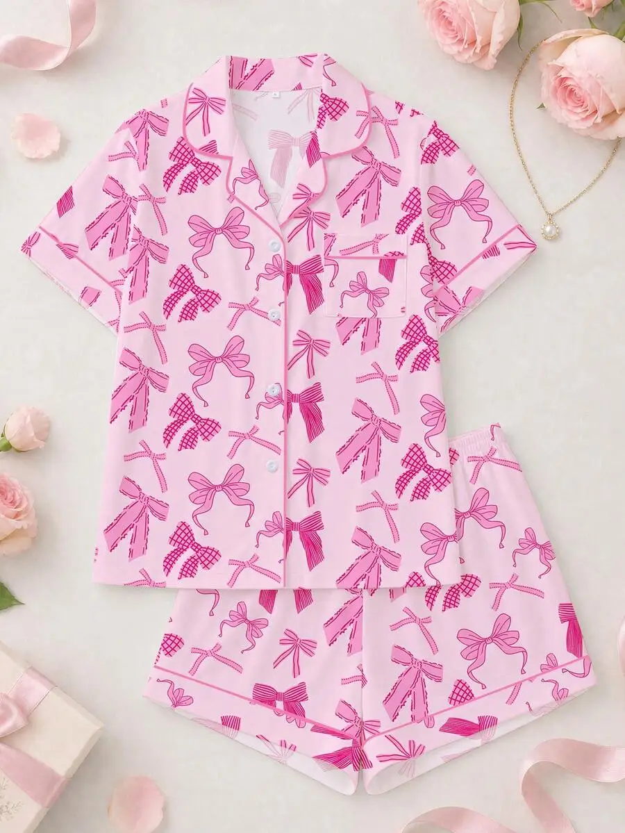 

2pcs Women Pajama Set Bow Print Short Sleeve Lapel Top And Shorts Lounge Wear