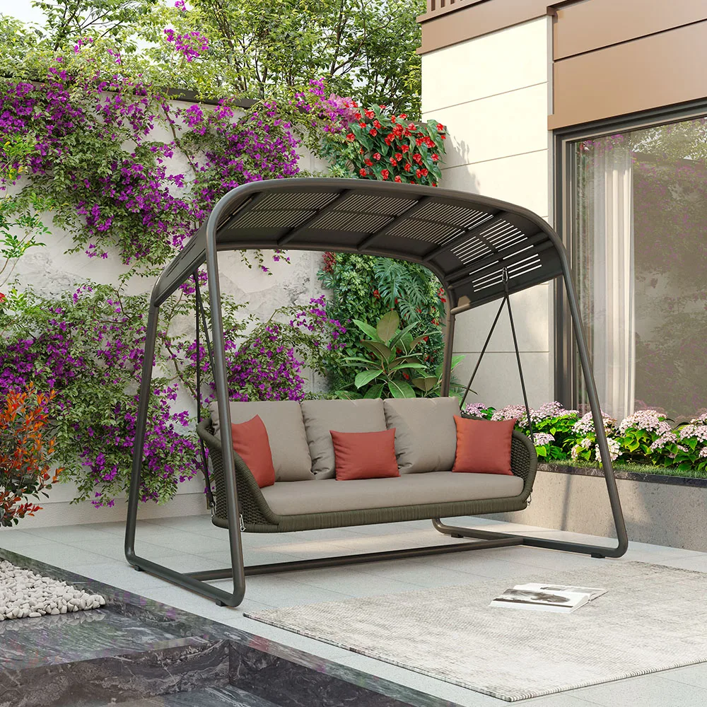 *Y- n Outdoor Aluminum Porch Swing for 2-3 People with Stand and Canopy, Patio Garden Swing with Cushions, All-Weather Swing
