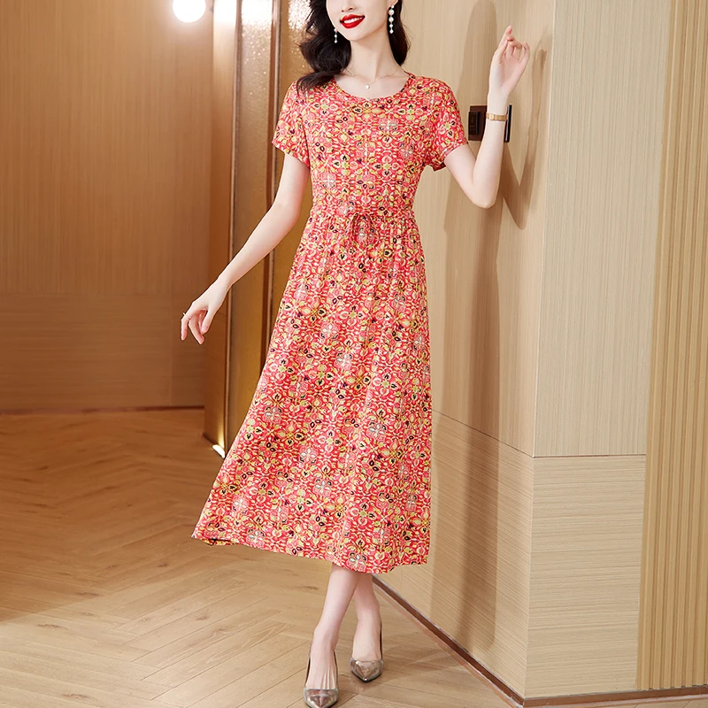 Korean Elegant Printed Silk Dress Women's Summer Retro Short Sleeve Knee Length Dress 2023 New Loose Fit Fragmented Flower Dress