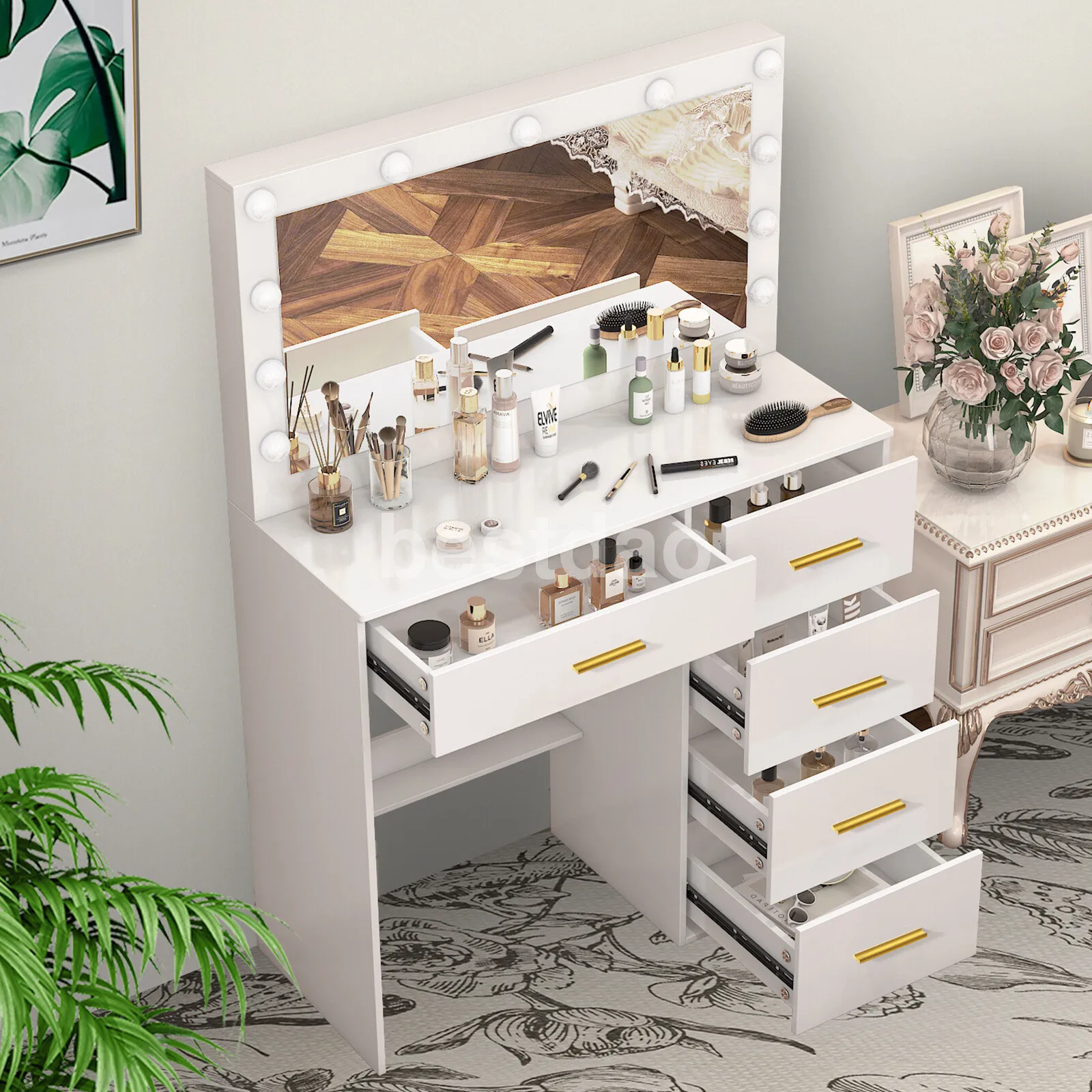 Туалетный столик для макияжа. Светодиодный туалетный столик с регулируемой яркостью, зеркалом и 5 ящиками для макияжа и хранения.
