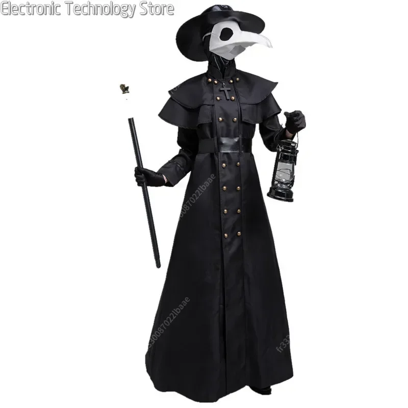 Halloween Medieval Hooded Robe Plague Doctor Costume Mask Hat for Men Monk Cosplay Steampunk Priest Horror Wizard Cloak Cape 5XL