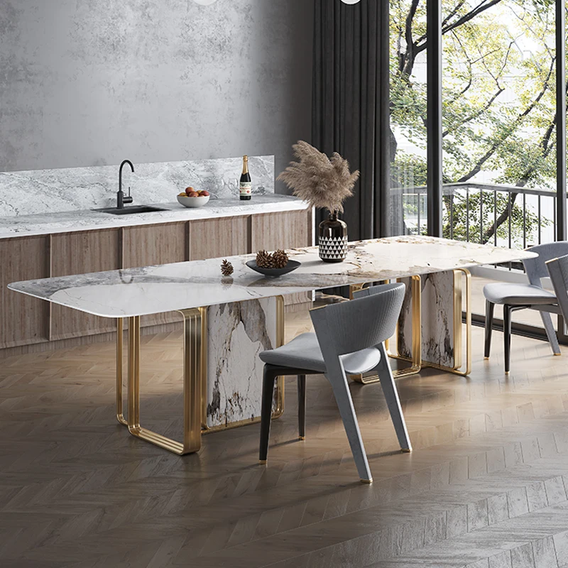 

Luxury Luxury schiefer marmor top Stainless stahl rahmen marmor esstische moderne Large esszimmer tisch und 10-16 sitz stühle