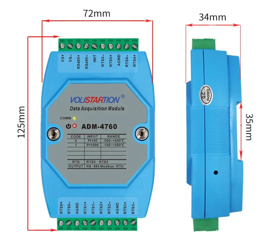 温度取得モジュール、6チャンネル、pt1000からrs485、modbus-rtuプロトコル、adm-4760