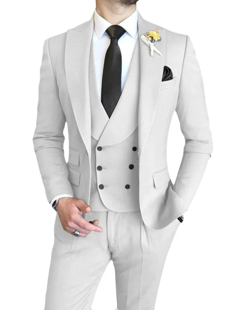 3Pcs Formal Men Suits Slim Fit Double Breasted Groom Formal Business Male Blazer Set Shawl Collar Wedding (Jacket+Vest+Pants)