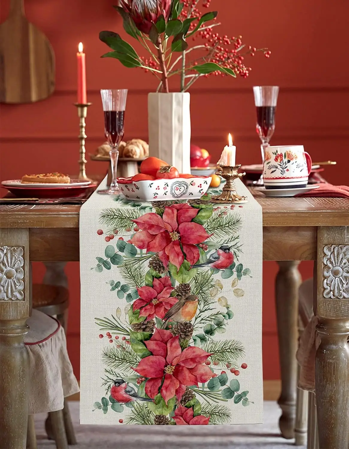 Christmas Poinsettia Eucalyptus Leaves Floral Linen Table Runners Winter Xmas Party Dining Table Decor Navidad Decorations 2025