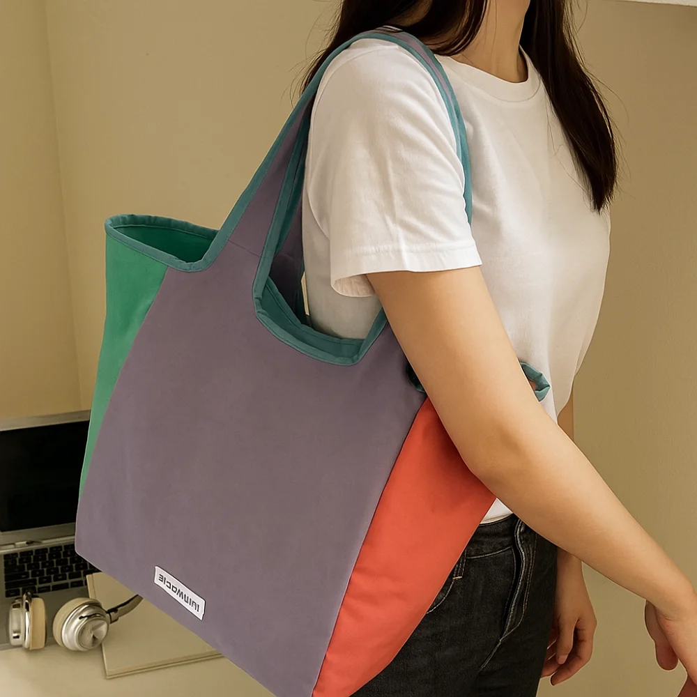 

Dopamine Color Nylon Shoulder Bag Cloth Waterproof Foldable Shopping Bag Handbag Lightweight Eco Friendly Storage Bag Women