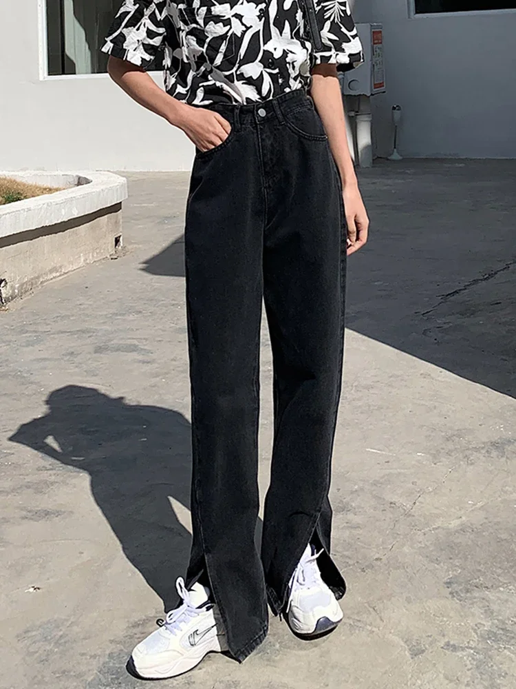 Women Jeans Black Flare Pants Front Side Slit Leg 2024 Spring High Waisted Bell Bottom  Full Length Denim Clothes LJ380