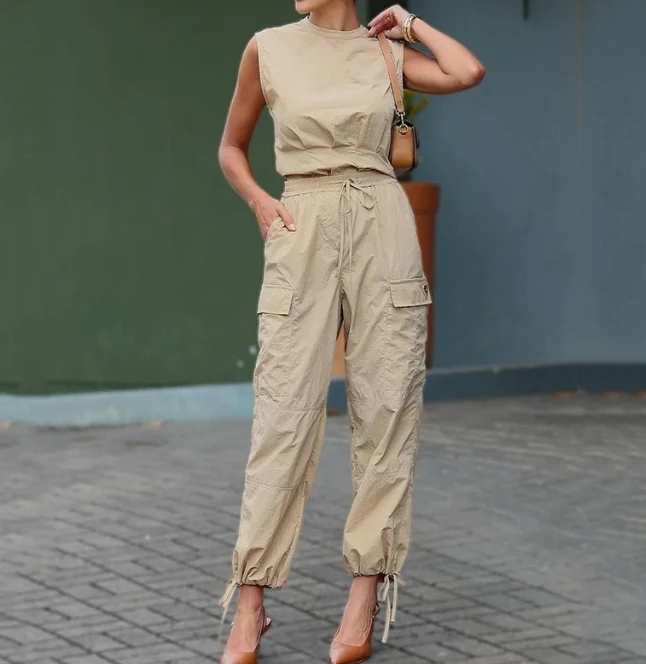 Fashion Casual Pants Set with Sleeveless Solid Color Round Neck Vest Top High Waisted Lace Up Pocket Design Leg Binding Pants