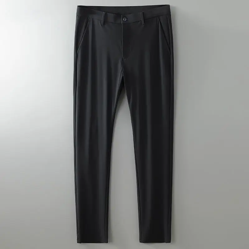 Business Casual Pants Men's Elastic Thin Quick Drying Summer Suit Solid Straight Button High Waist Pocket Slim Ice Silk Trousers