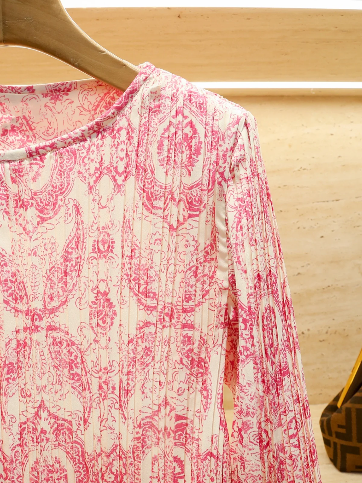 Mホームナンユー高級婦人服ピンク花柄プリントギャザーウエストドレス春秋シーズンファッションハイウエストAラインスカート