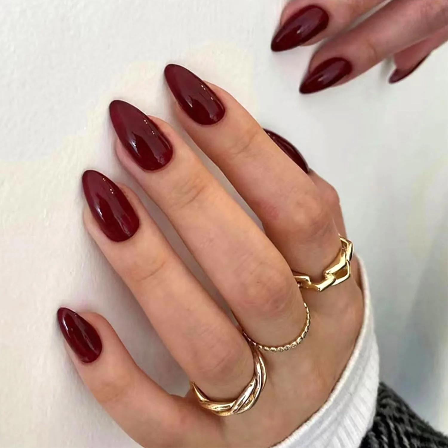 

24 Pcs Wine Red Solid Color Fake Nails, Medium Almond Press on Nails for Women DIY Manicure