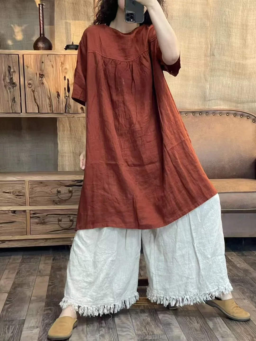 

Оригинальный дизайн, винтажная однотонная льняная двусторонняя свободная рубашка-туника с эффектом похудения, художественная, с коротким рукавом, длинная, женская