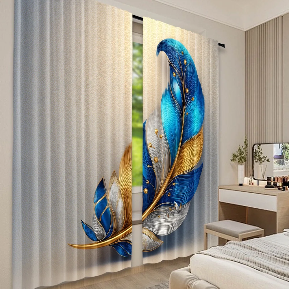 2D الطباعة المسطحة 2 قطعة الستار الذهب الأزرق ريشة الرقمية المطبوعة البوليستر الستائر الأسرة حفلة استخدام للاحتفالات عطلة ل