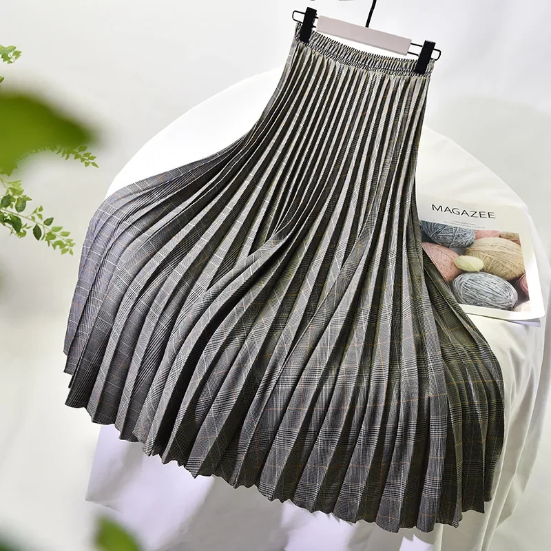 78cm Long Pleated Plaid Skirt Female Autumn and Winter Retro All-match High Waist Slim Mid-length A-line Skirt