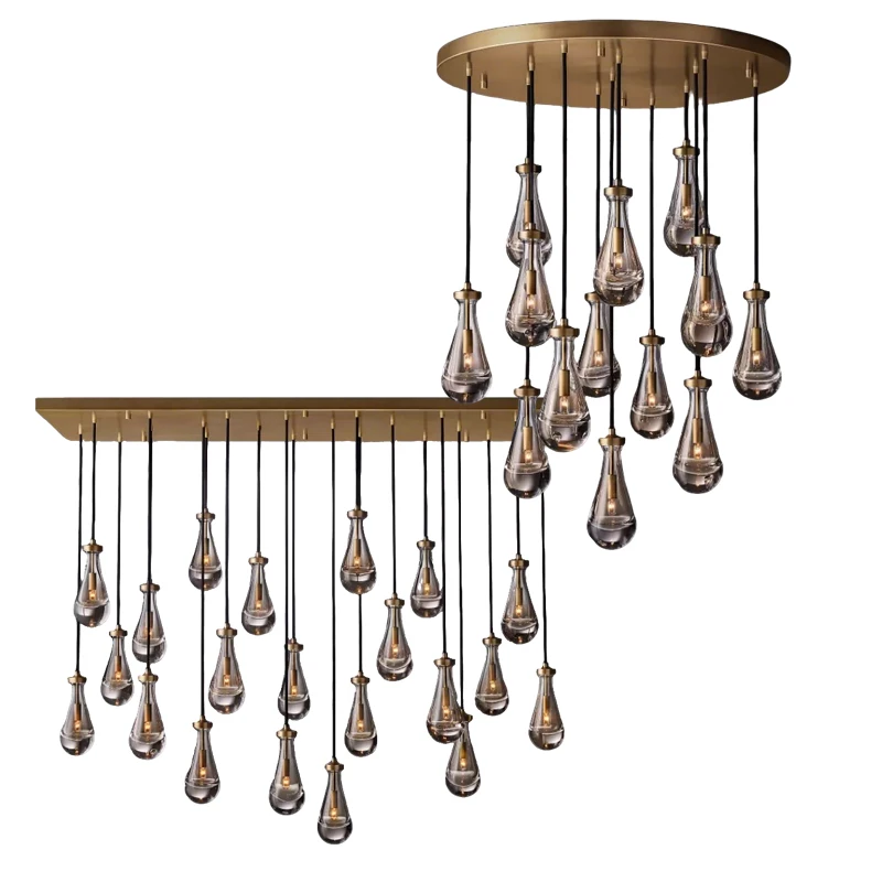 

Modern Raindrop Pendant Light Lamp Luxury Round Brass High Ceiling Glass Lampshape Chandelier For Living Room Dining Room Stairs