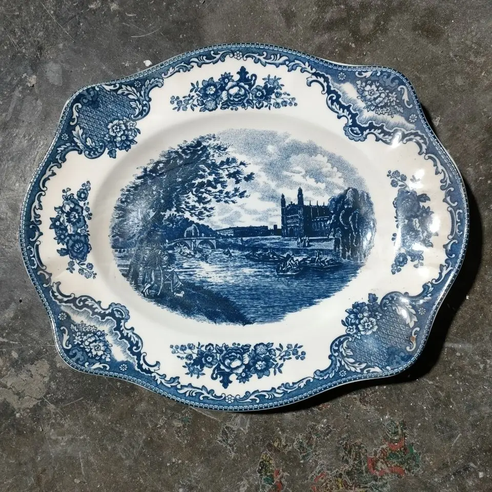 

Тарелка и раковина большого размера с подглазурным цветом — синий и красный замок, прочная керамическая посуда для домашнего использования