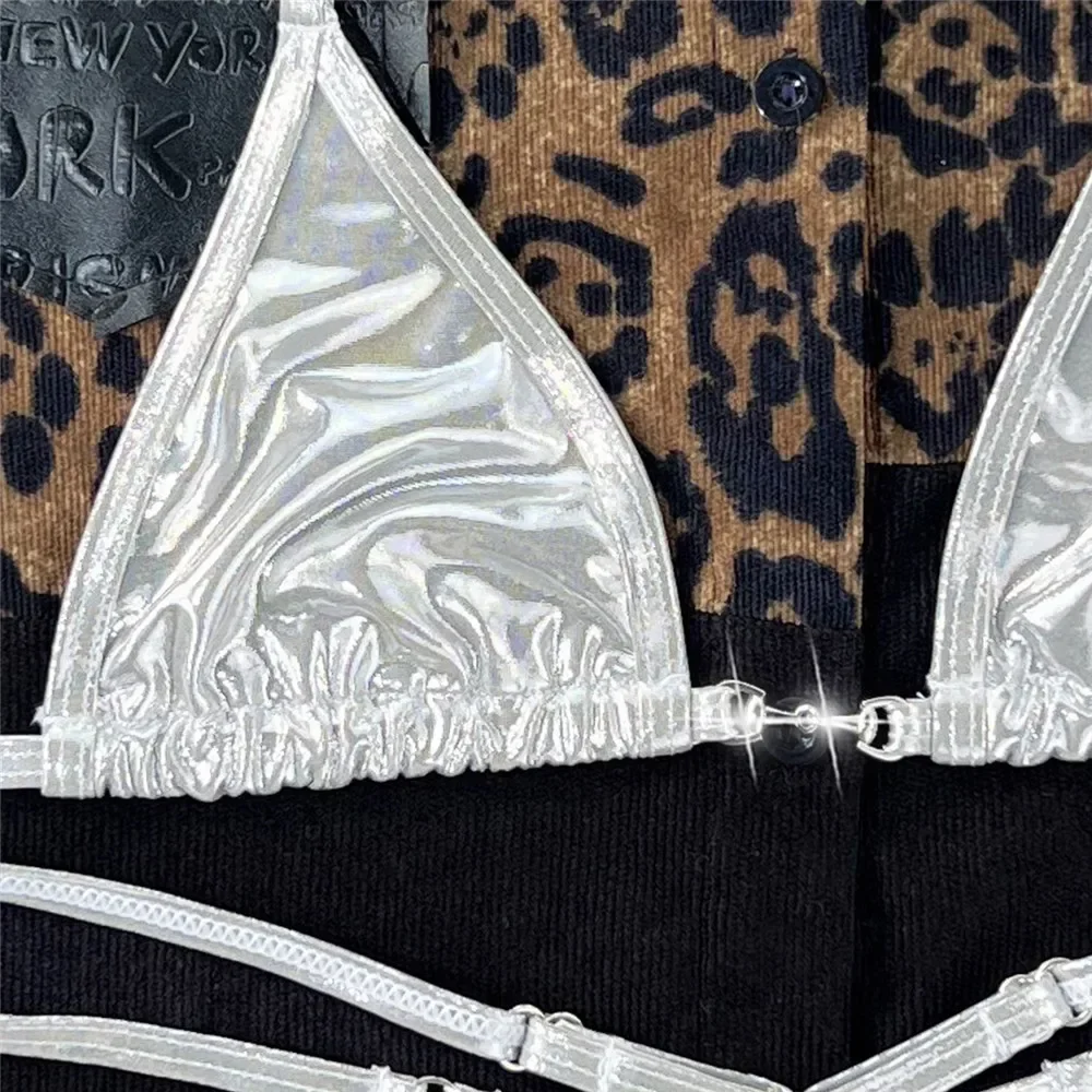 Shiny Silver Triangle String Micro Thong Bikini Mujer Halter Swimwear Mini Sexy Swimsuit Women 2024 Bikinis Sets Bathing Suit