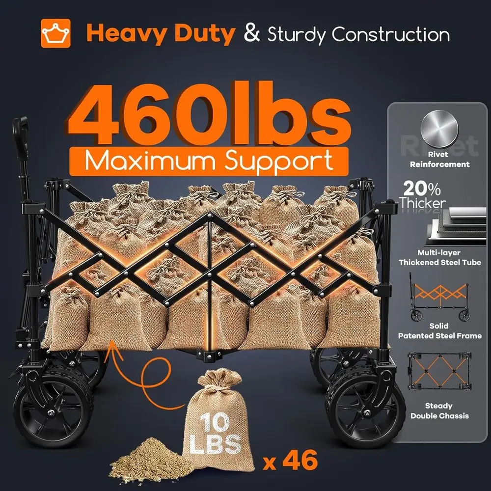 Collapsible Wagon with 460lbs Capacity, 220L, All-Terrain Wheels, Utility Cart for Beach, Groceries, Camping, Sports