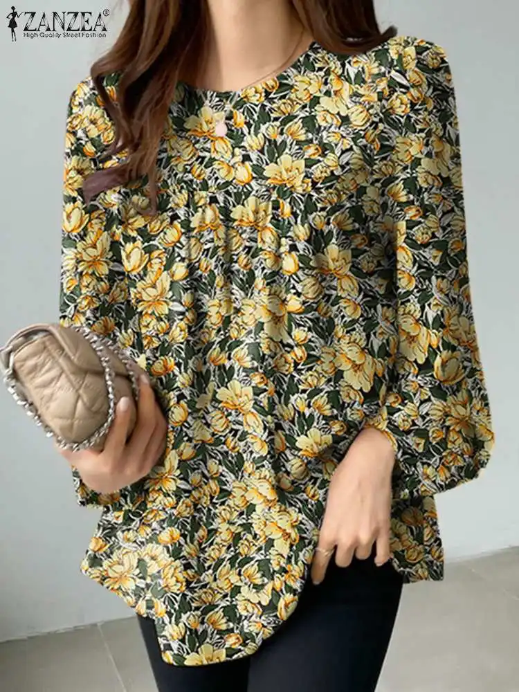 ZANZEA Autumn Fashion Holiday Blouse Woman Puff Sleeve O-Neck Tunic Tops Casual Party Shirt Bohemian Floral Printed Blusas Mujer