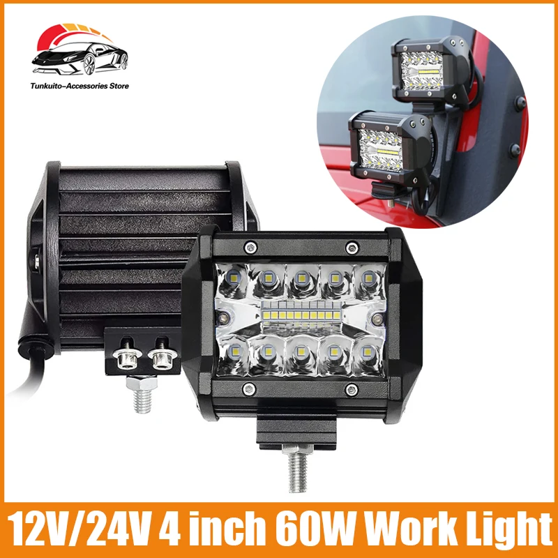 

2x 4inch 60W 20LED Waterproof Work Light LED Bar Spot Flood Beam Work Lamp Driving Offroad Boat Car Tractor Truck UTV 12V/24V