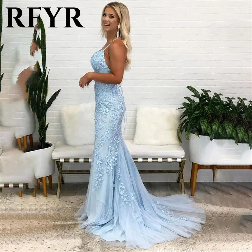 RFYR Lace Blue Prom Dress O-Neck Trumpet Ruffles Evening Dress Layered Tulle فستان سهرة with Sheer Corset Backless Party Dress