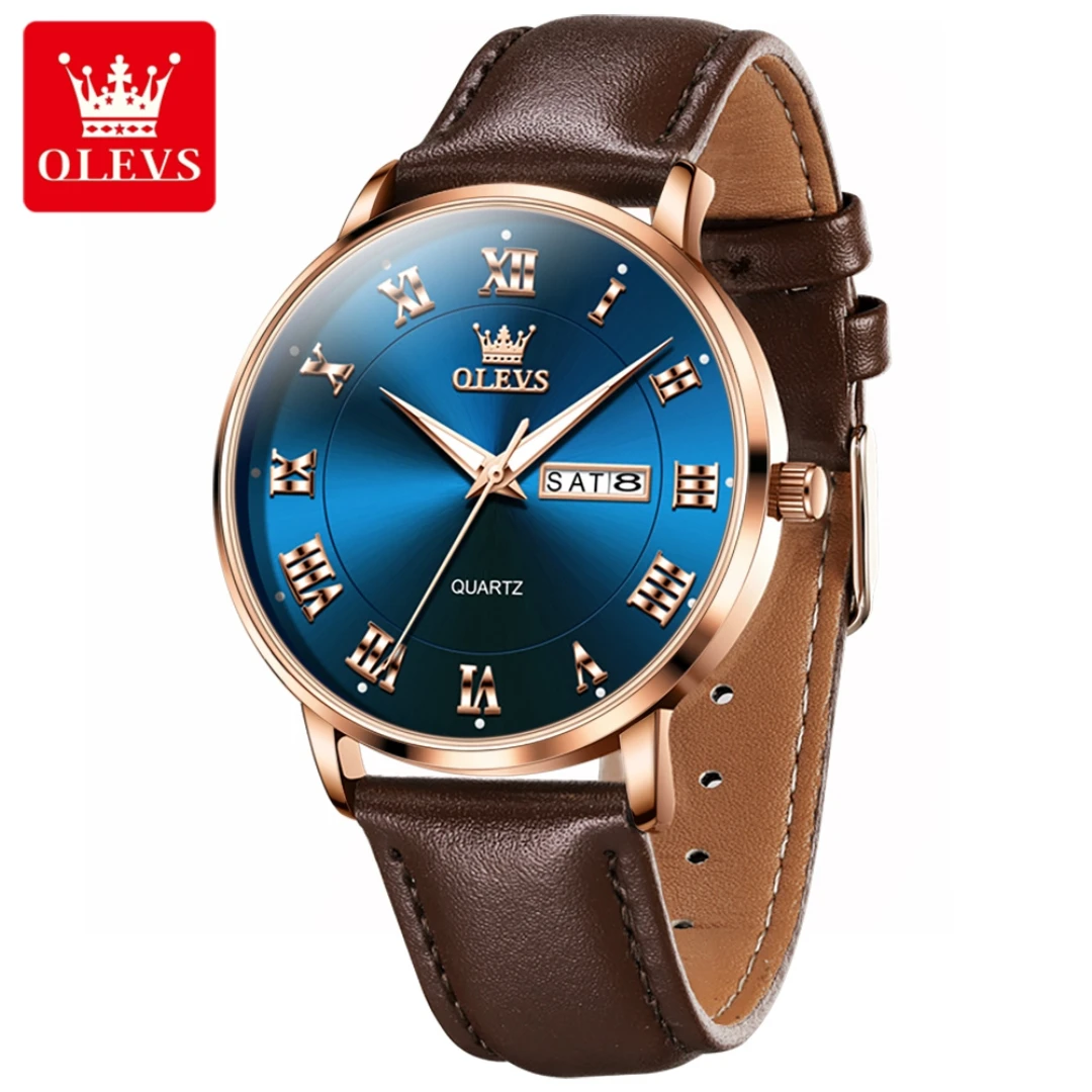 

OLEVS 2920 Simple Quartz Watch Gift Round-dial Leather Watchband Week Display Calendar