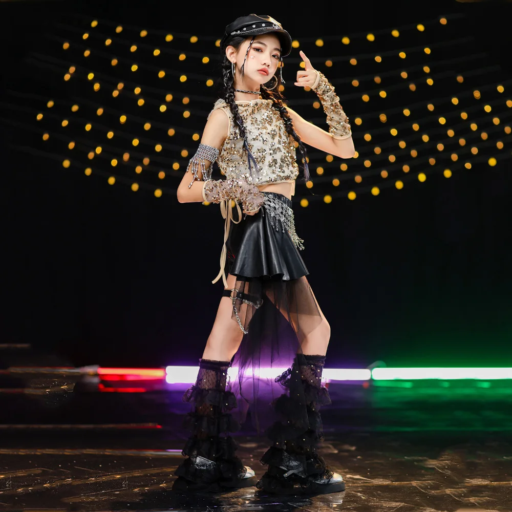 طفل Kpop الملابس الذهب الترتر صافي هوديي المحاصيل تانك الجلود السوداء مطوي تنورة صغيرة لفتاة الهيب هوب ملابس رقص الملابس #4