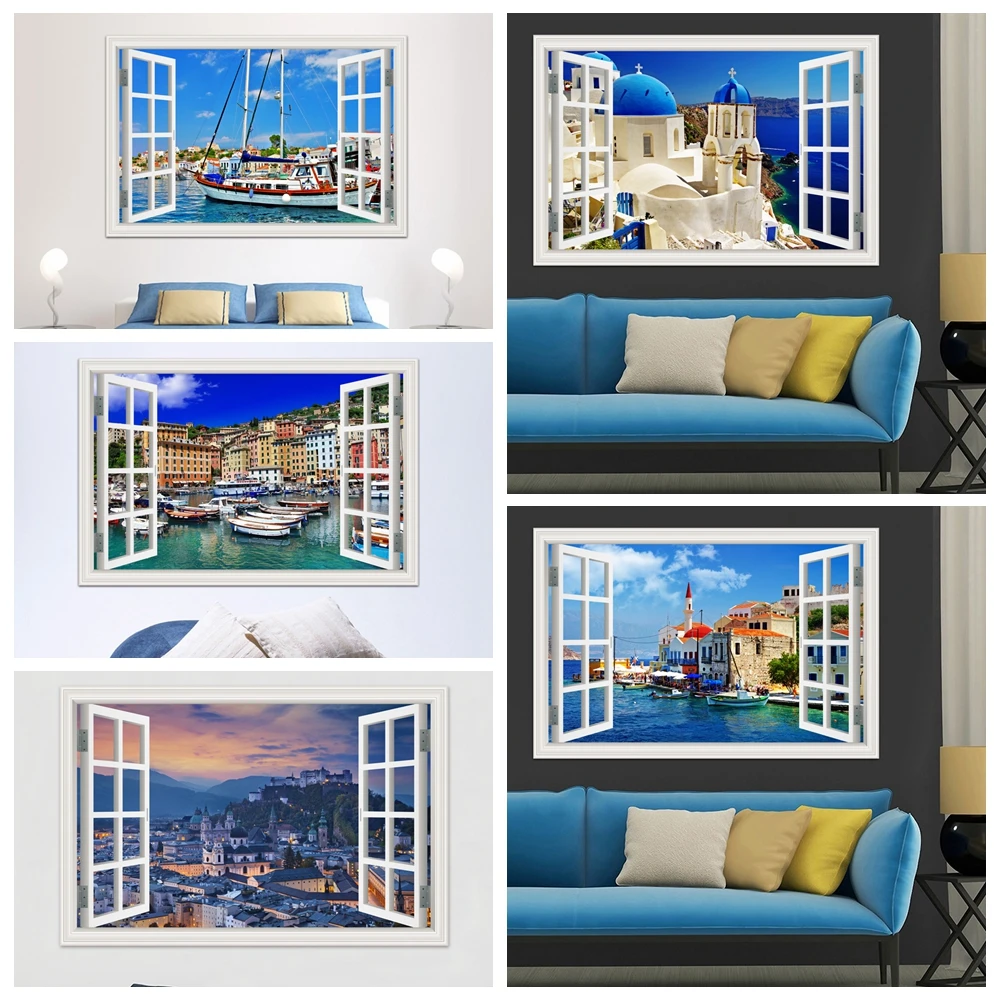 Greece City Landscape 3D Window View Wall Sticker Water City Vinyl Decal Aesthetic Kitchen Room Decor Wallpaper Sticker
