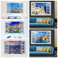 Greece City Landscape 3D Window View Wall Sticker Water City Vinyl Decal Aesthetic Kitchen Room Decor Wallpaper Sticker