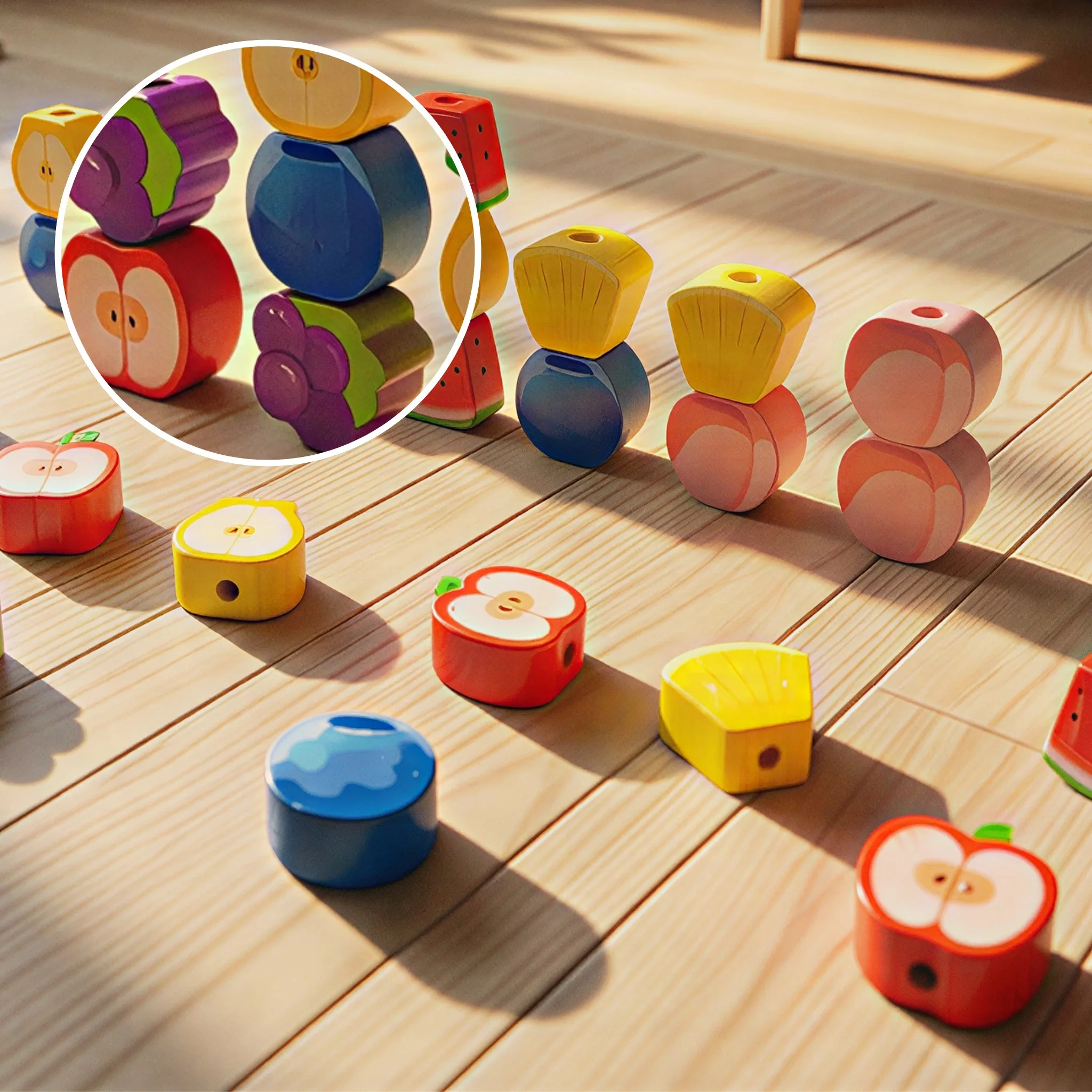 Brinquedo de empilhamento de frutas de madeira, inclui blocos de frutas fofas e de maçã, melancia, uvas e abacaxi, com uma coluna de uso duplo, para combinar com as cores