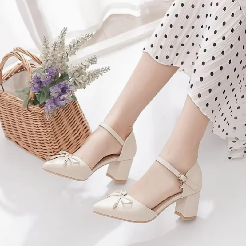Women's High Heel Sandals Pointed Toe Pumps Bowknot Decoration Chunky Heel Dress Shoes for Office Ladies Party Wedding view 3