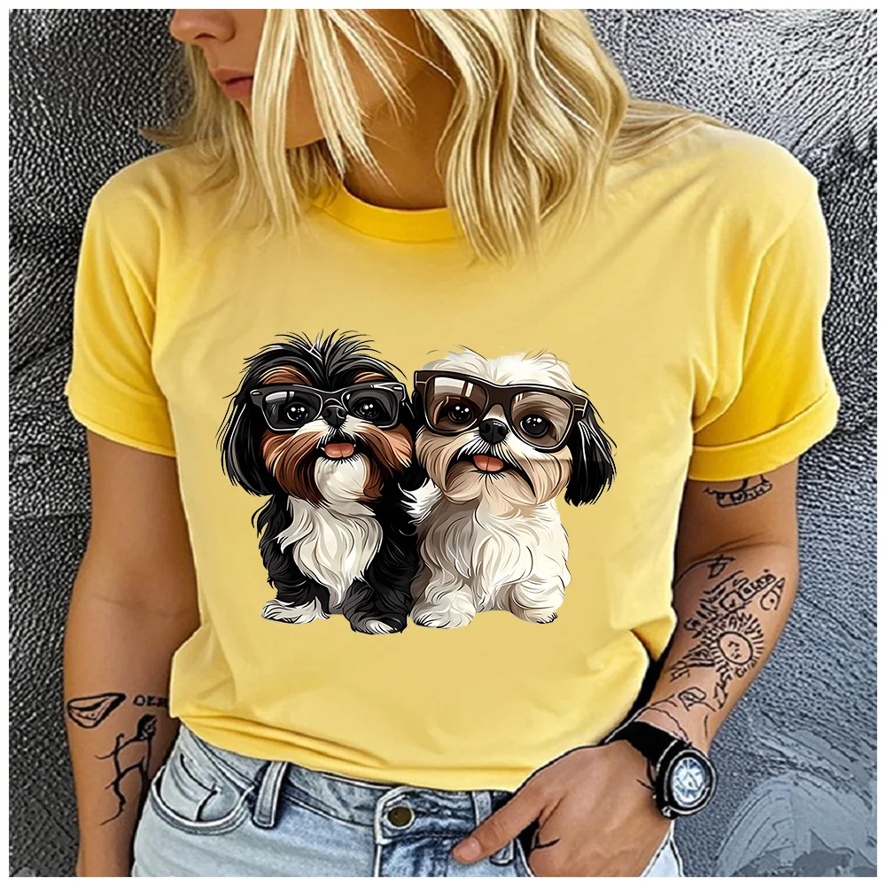 Cotton 100% Cartoon Sunglasses Shih Tzu Pair Print T Shirt Women Lovely Fluffy Puppy Casual Daily Basic Short Sleeve Top
