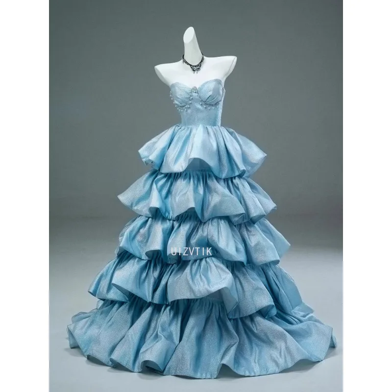 

Blue Ball Gown Prom Dresses Formal Maxi Dress Long for Women Plus Size Vestidos Sweetheart Tulle Ruffles Party Graduation Gowns