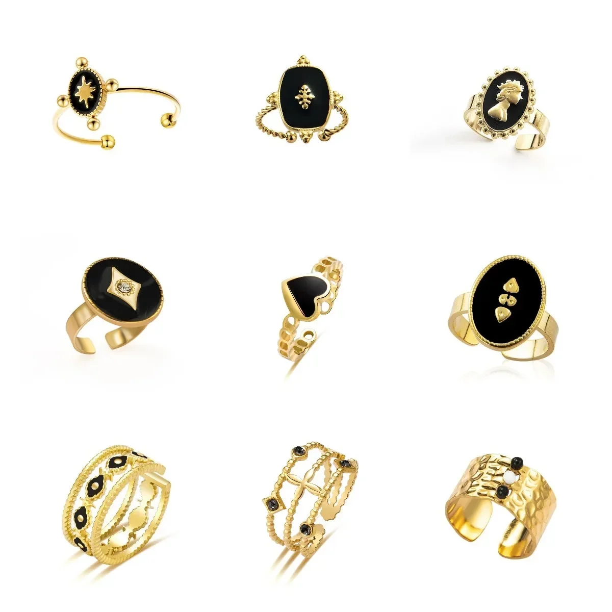 New Stainless Steel Gold Color Plating Enamel Black White Open Size Black Series Adjustable Ring for Women High Quality Jewelry