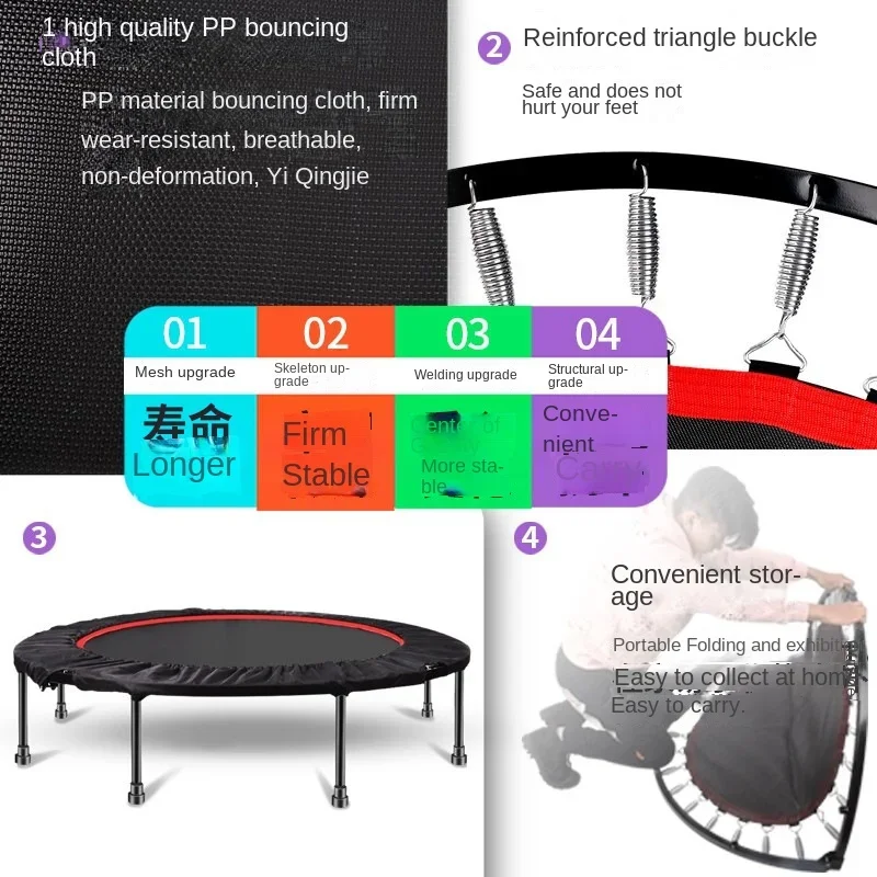 40/48 Mini Trampoline for Adults Foldable Fitness Trampoline with Adjustable Handrail Bearing 100KG Home Gym Rebounder Jumping