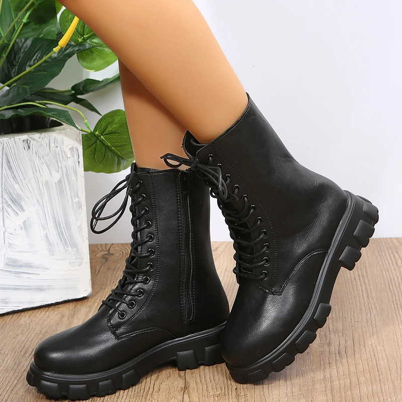 New Mid Calf Boots Women Autumn Winter Fashion Lace-up Ladies Chelsea Zipper Botas Mujer Boots Sports Platform Heel Ladies Shoes