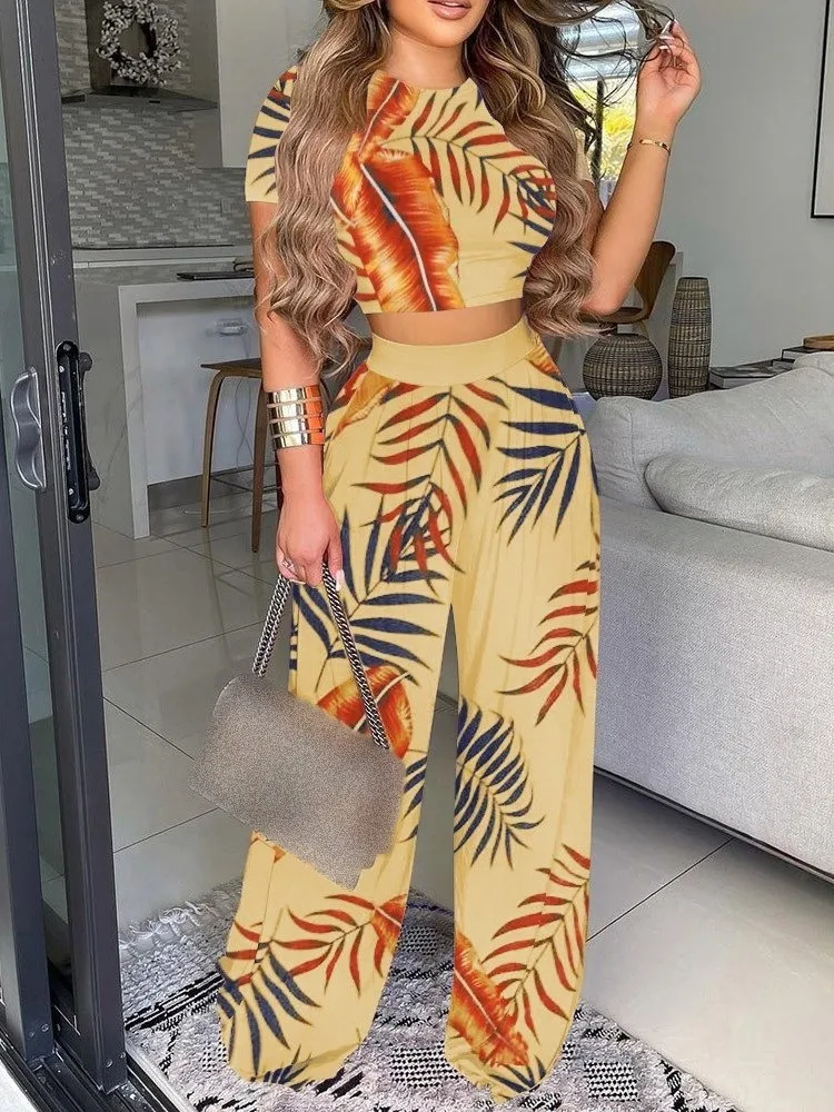 Damen-Set im eleganten Stil, kurzärmeliges Oberteil, Hose mit weitem Bein, zweiteiliges Set, Sommermode, bedruckt, bequemes Freizeithosen-Set