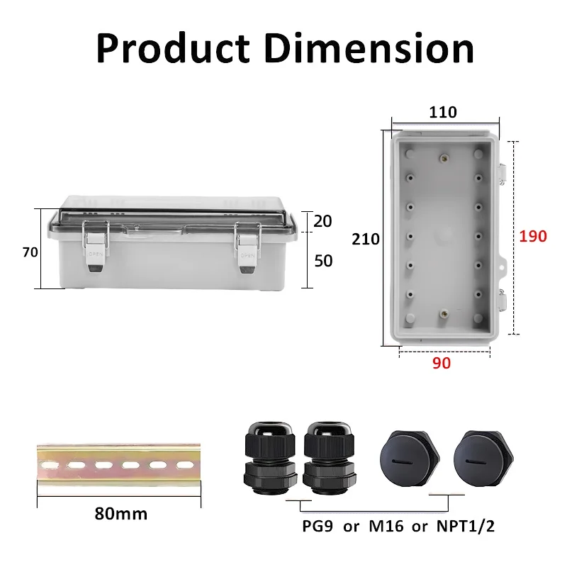 8.3x4.3x2.8 Inches IP67 Waterproof Dustproof Electrical Junction Box With Din Rail Plug Cable Joints Wall Brackets Baseboard