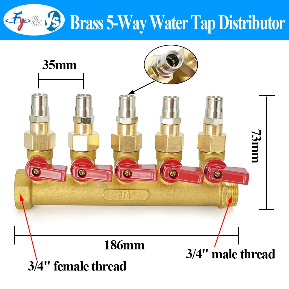 Premium 5 Way Brass Water Splitter, 3/4 Inch High Flow Manifold, Hot Cold Water Compatible for Garden Agricultural Irrigation