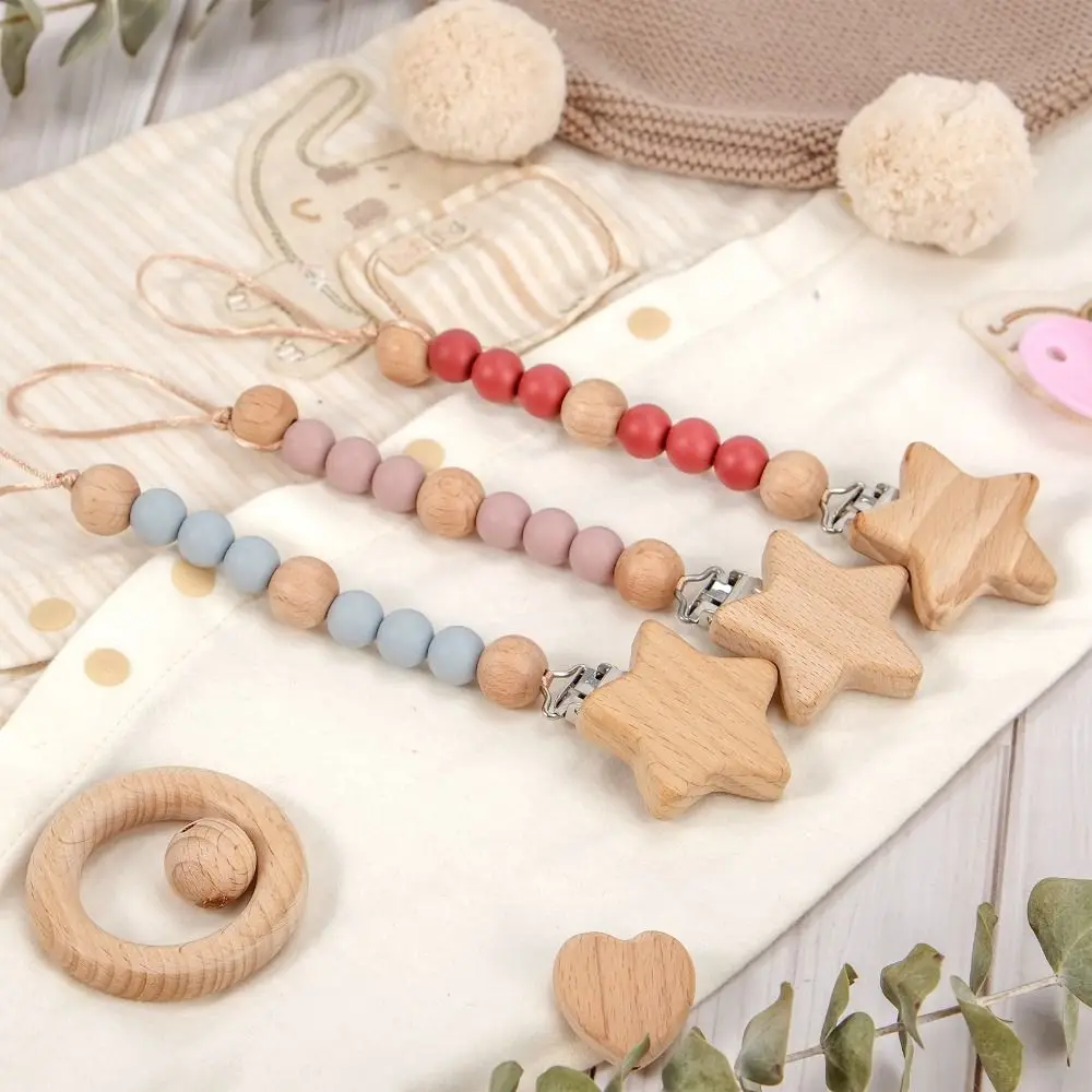 Dummy Clips Pacifier Holder Clips Wood Star Baby Pacifier Chain Soother Holder Nipple Holder Clips Baby Teether Toys Straps Baby