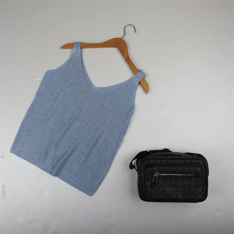 Gilet con scollo a V in maglia allentata alla moda con diamanti pieni per esterni ed interni estivi, con base alla moda