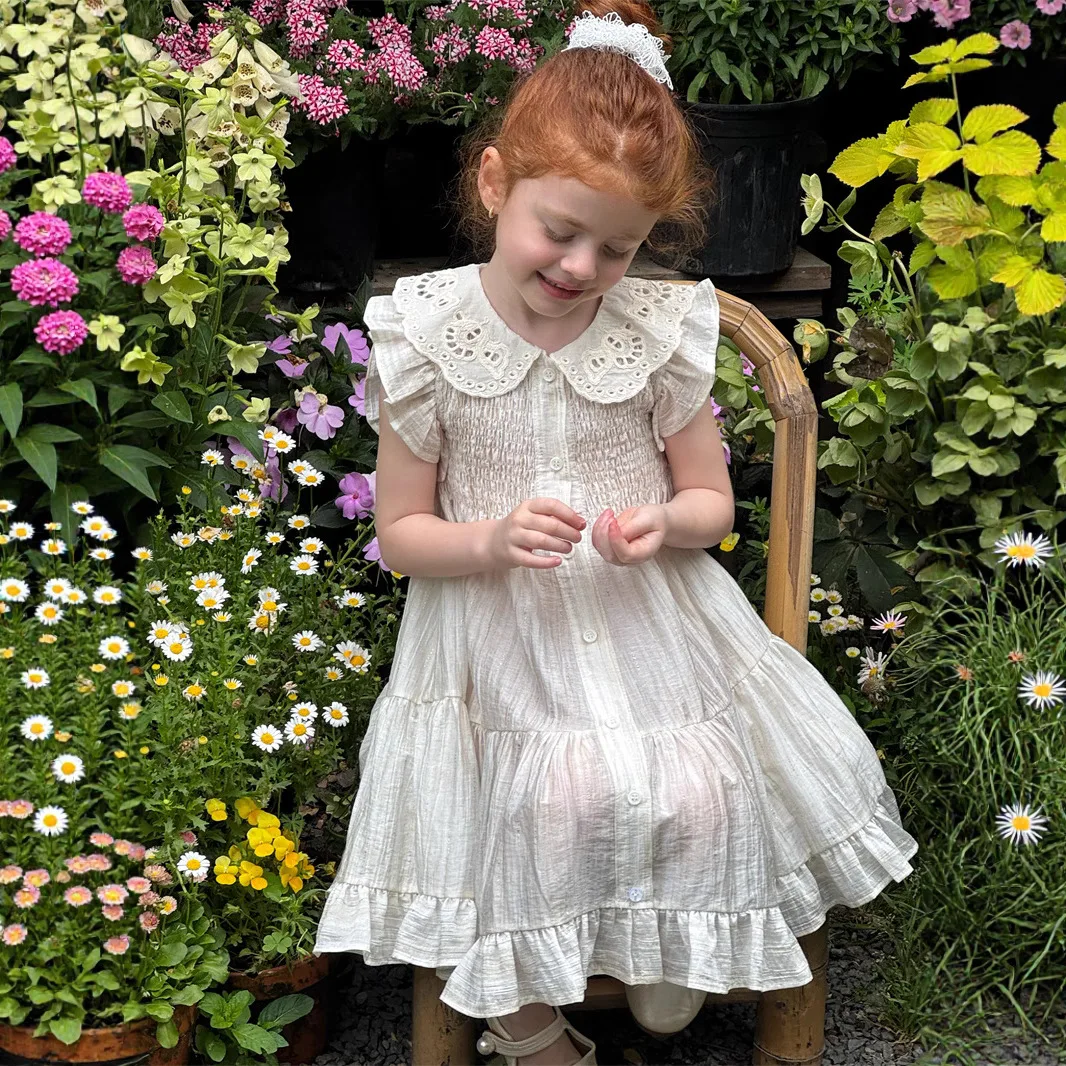 

Girls Skirt 2025 Summer New Childrens Clothing Girl Baby Fashionable Lapel Day Silk Pastoral Style Lotus Leaf Sleeve Dress