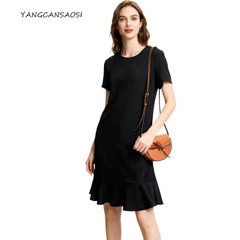 

Women's Black Luxury 30MM Heavyweight 100% Natural Mulberry Silk Satin Ruffled Hem Round Neck Short Sleeved A-word Dress