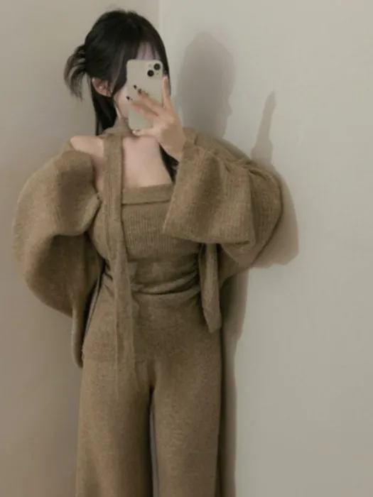 Faionable chique solto malha cardigan camisola superior com tubo superior e calças de perna larga conjunto de peça para mulher outono wear