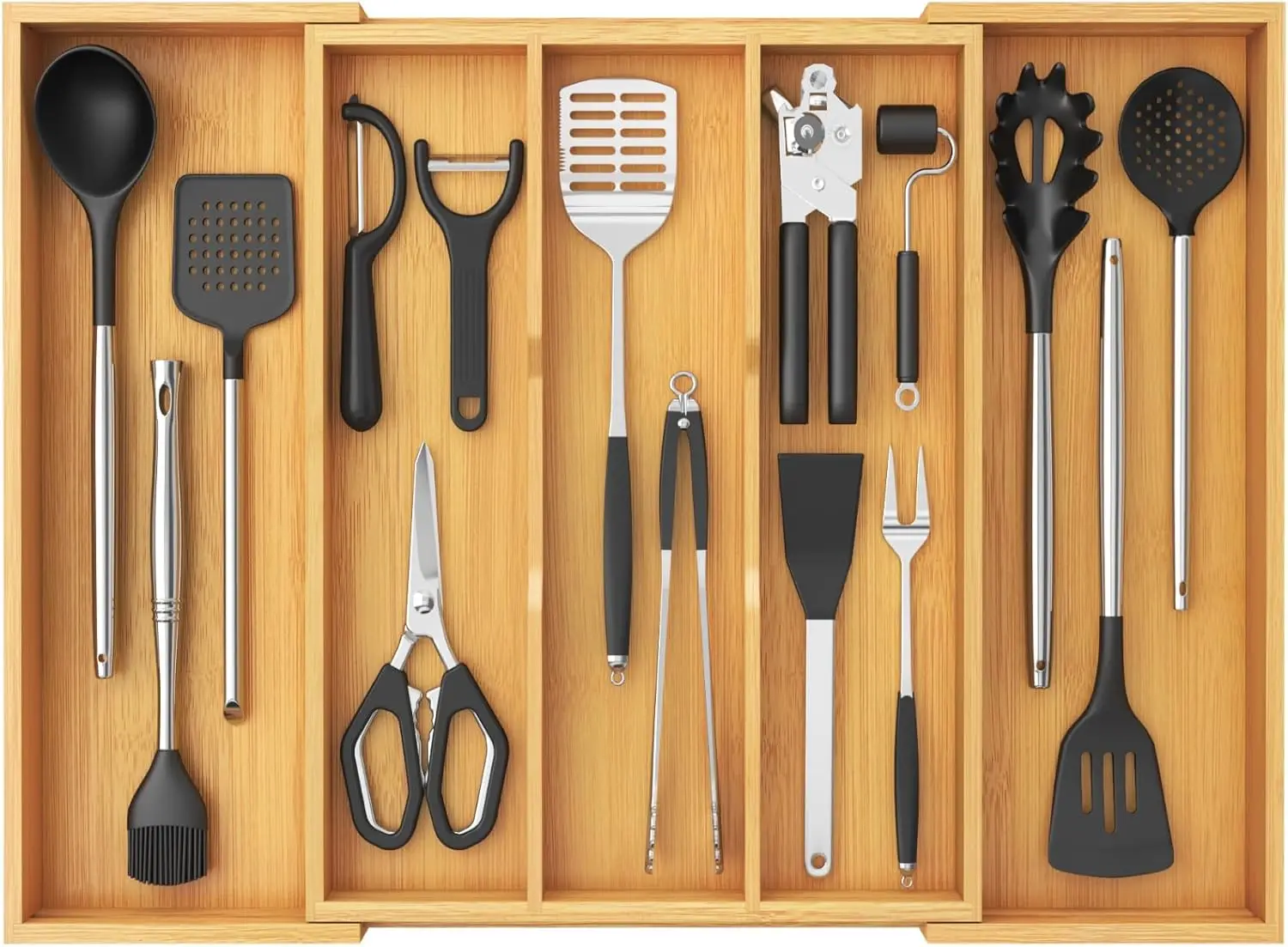 

Expandable Bamboo Kitchen Utensil Organizer Tray, Adjustable Drawer Storage Divider for Spatulas and Tools, Natural Finish