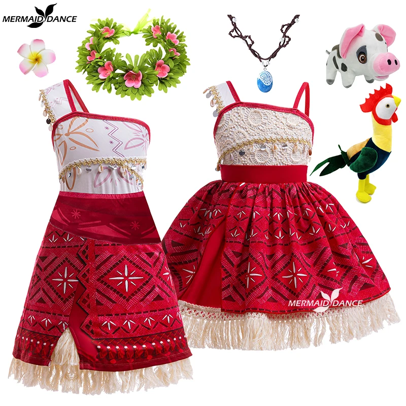 Girls Moana Dresses Vaiana Princess Dress Kids Cosplay Costume Necklace Wig Pig Doll Halloween Carnival Party Vestidos Outfits