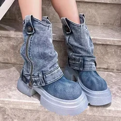 Mid-calf Cowboy Women Boots Platform Chunky Mid Heels Motorcycle Boots 2024 Winter Fashion New Trend Gladiatus Mujer Zapatillas